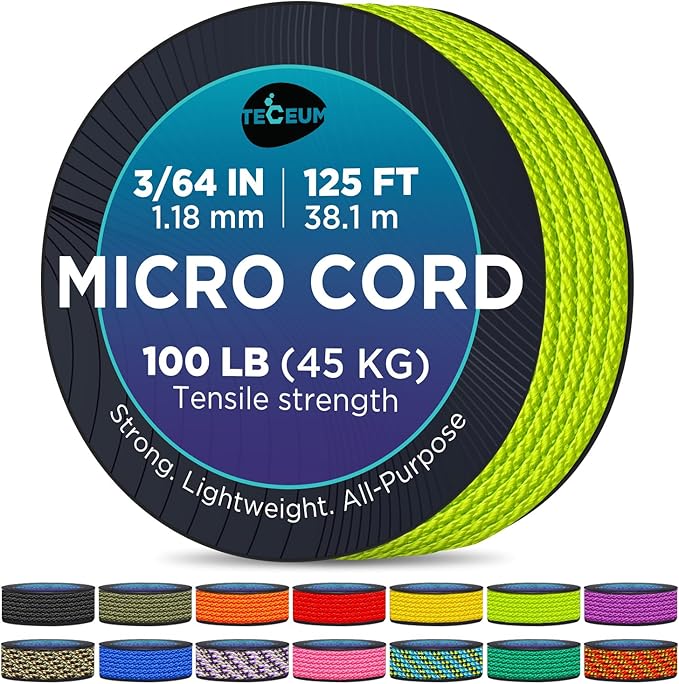 TECEUM Micro Paracord – 1.18 mm X 125 ft – Micro Utility Cord – Thin Braided Paracord Rope – Best for Crafting, DIY Projects, Fishing, Camping – Wind Chime Replacement – Survival Strong String