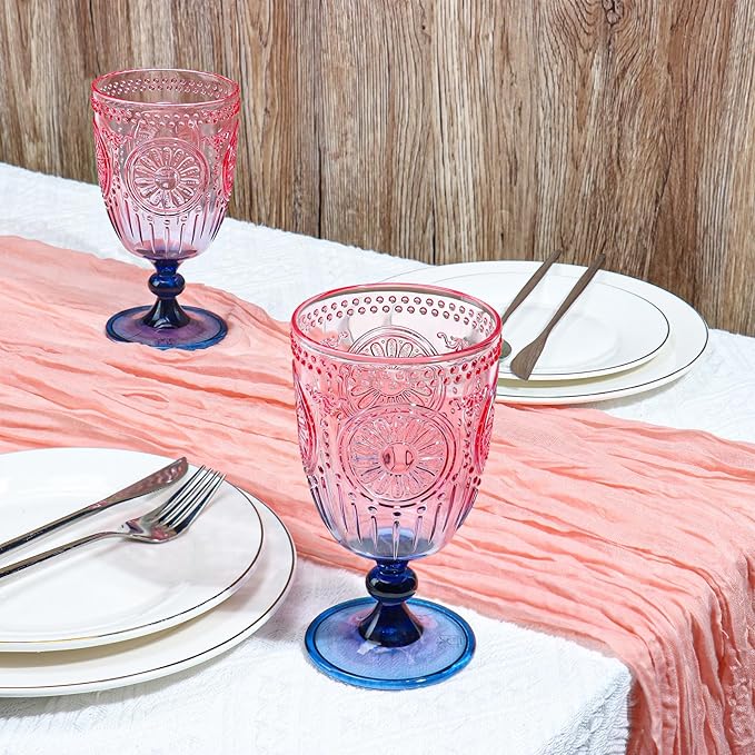XUWAIDSGN 24Pcs Plastic Vintage Wine Glasses 13.5oz Reusable Embossed Goblet Glasses Pink Blue Gradient Retro Wine Glassware Unbreakable Stemmed Champagne Water Cups for Wine Cocktail Juice Wedding