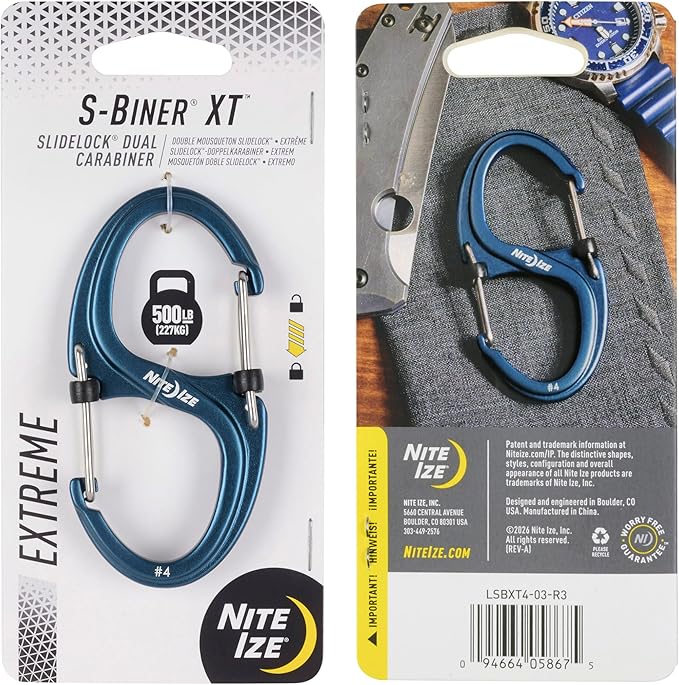 Nite Ize S-Biner XT SlideLock Dual Carabiner - Working Load Limit of 500 lb - Heavy-Duty Locking Carabiner - Durable Aluminum Body & Independent Gates - Camping, Travel & Everyday Carry
