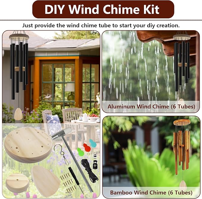 Wind Chime Replacement Parts, 28 PCS Windchime Repair Kit Including Round Top, Clapper, Wind Catcher, 19.6FT Nylon Cord, DIY Wind Chime Supplies (Wood)