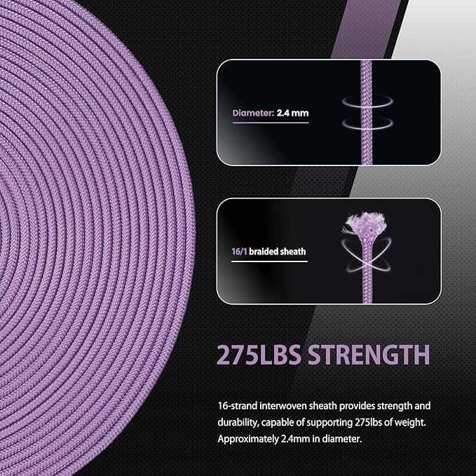 Abma Cord 2.4mm Paracord 275 100ft Nylon Rope 4 Strands Tactical Parachute Cord - Max. 275lbs - Lilac