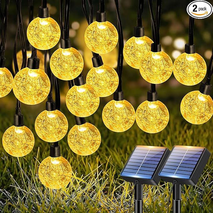 btfarm 2 Pack Solar String Lights Outdoor Waterproof, Total 98 FT 100 LED Solar Powered Patio Light, 8 Lighting Modes Crystal Globe Decorative for Garden Balcony Yard Porch Party, Warm White