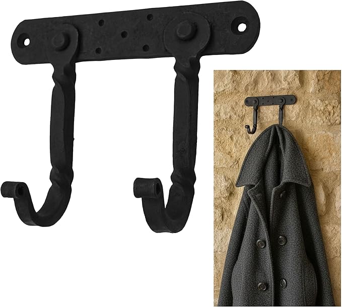 "Mystic Colonial Medieval Hand-Forged Iron Double Wall Hooks 1 Pc | (6 in ? 4 in) Rustic Twisted Wall Hanger | Vintage Black Coating Gothic Heavy-Duty Utility Hanger for Coats, Towels, Keys & Bags"