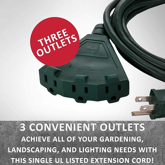 Holiday Lighting Outlet 15-Foot Green Extension Cord, 3-Prong Indoor & Outdoor Splitter, Perfect for Landscape Lighting