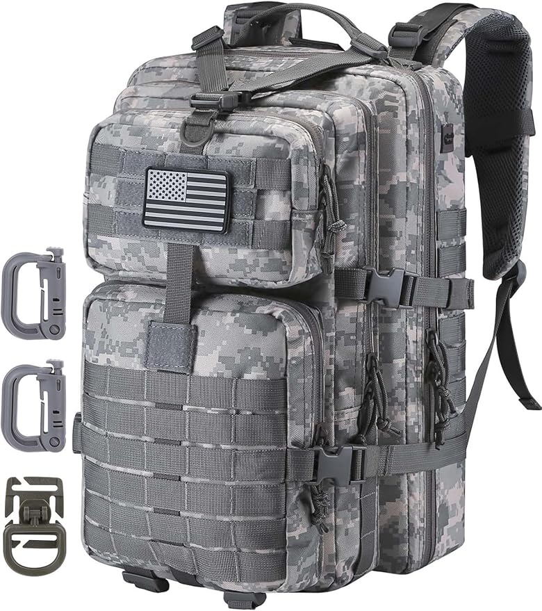 Hannibal Tactical MOLLE Assault Backpack, Tactical Backpack Army Military Camping Rucksack, 3-Day Pack Travel Trip w/USA Flag Patch, D-Rings, ACU Camo