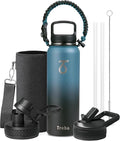 Trebo Water Bottle Insulated 40oz with Paracord Handle, Vacuum Triple Wall Stainless Steel Water Jug, 48hr Cold Retention, Leakproof BPA-Free Flask With 3 Lids Fits in Car Cup Holder, Indigo/Black