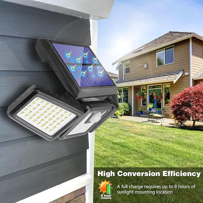 AmeriTop Solar Lights Outdoor, 2 Pack 128 High Brightness LED Cordless Solar Motion Sensor Lights; 3 Adjustable Heads, 270°Wide Angle Illumination, IP65 Waterproof, Security Flood Light