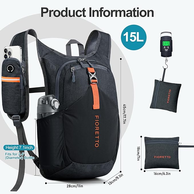 FIORETTO 15L Hiking Backpack for Women Men Mini Packable Backpack Lightweight Small Daypack for Camping Travel Outdoor, Black