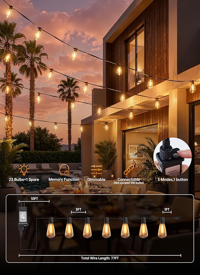 Minetom 77FT Outdoor String Lights with Remote, 23+1 Shatterproof ST38 LED Bulbs, Waterproof Patio Lights with 3 Modes, Dimmable & Connectable 2700K Hanging Lights for Backyard Porch Deck Balcony