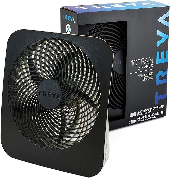 Treva 10-Inch Portable Fan, Powered by Battery and/or AC Adapter - Desk Fan Air Circulating with 2 Cooling Speeds for Personal and Travel Use (Black) (OOS)