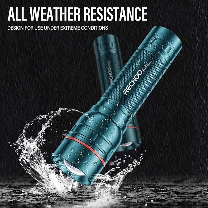 RECHOO Rechargeable Flashlight 2 Pack, Bright Military Grade Torch Light High Lumens with Adjustable Focus & 3 Lighting Modes, Lightweight Waterproof Led Flashlight for Camping Home, Teal Blue