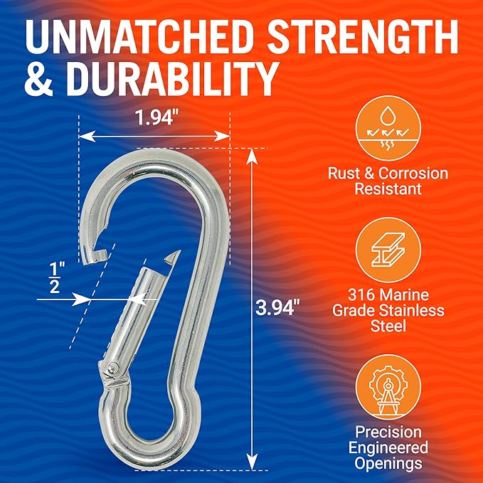 Stainless Steel Carabiner Clip, 4 Pack, 316 Marine Grade, Heavy Duty Spring Snap Hooks, Mini and Large Sizes, 2" to 4" Options