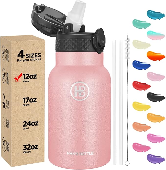 Han's Bottle Kids Water Bottle with Straw Lid - Insulated Stainless Steel Reusable Tumbler for Girls,Boys,Thermo Mug,12oz,Blush