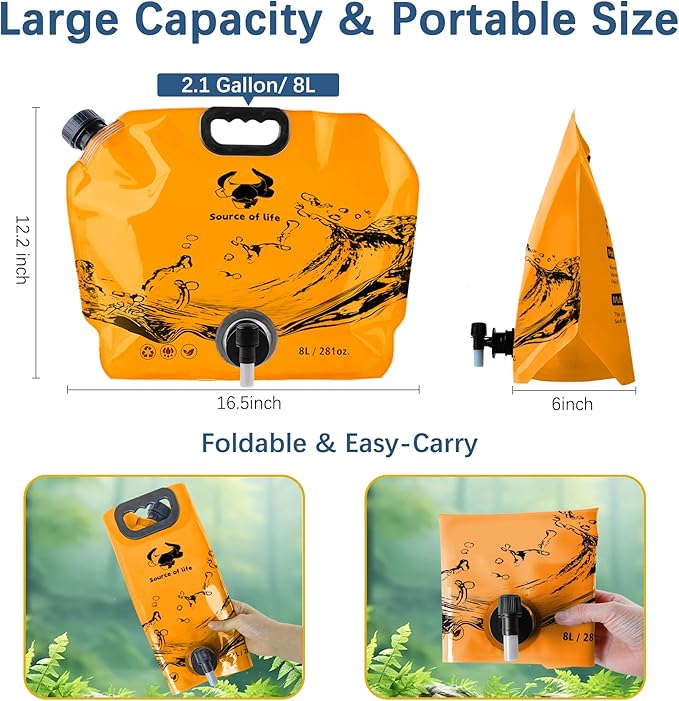 Water Jug Camping 2.1 Gallon Collapsible with Spigot, BPA Free Portable Water Pouch Foldable Water Bags for Outdoor Hiking, Travel and Emergency & Water Storage Containers (Orange-2Pcs)