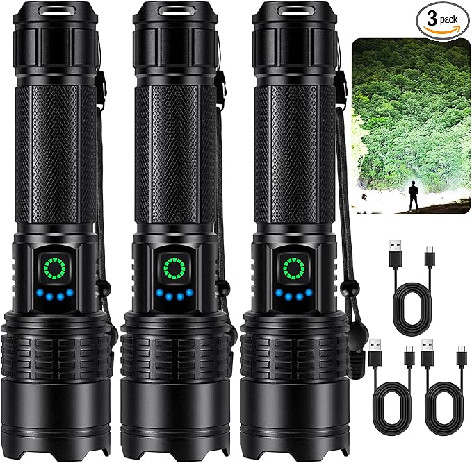 Kmivo Rechargeable Led Flashlight High Lumens - 99,000lm Bright Powerful Flash Light with 5 Modes, Waterproof Handheld Linterna for Home, Camping(3 Packs)