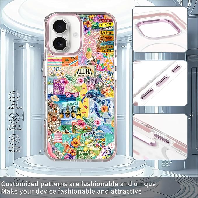 Case for iPhone 16 Plus,[Compatible with MagSafe],Hawaii Aloha Cover Coastal Beach Collage Phone Case Design，for Women Girls Magnetic Clear Cover - Slim, Sleek, & Shockproof Protection