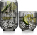 16 Piece Smoke Glassware Set, Art Deco Black Drinking Glasses, Ribbed U-Shape Design, 8 Highball 17oz and 8 Whiskey 11oz DOF