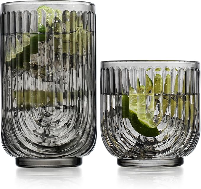 16 Piece Smoke Glassware Set, Art Deco Black Drinking Glasses, Ribbed U-Shape Design, 8 Highball 17oz and 8 Whiskey 11oz DOF