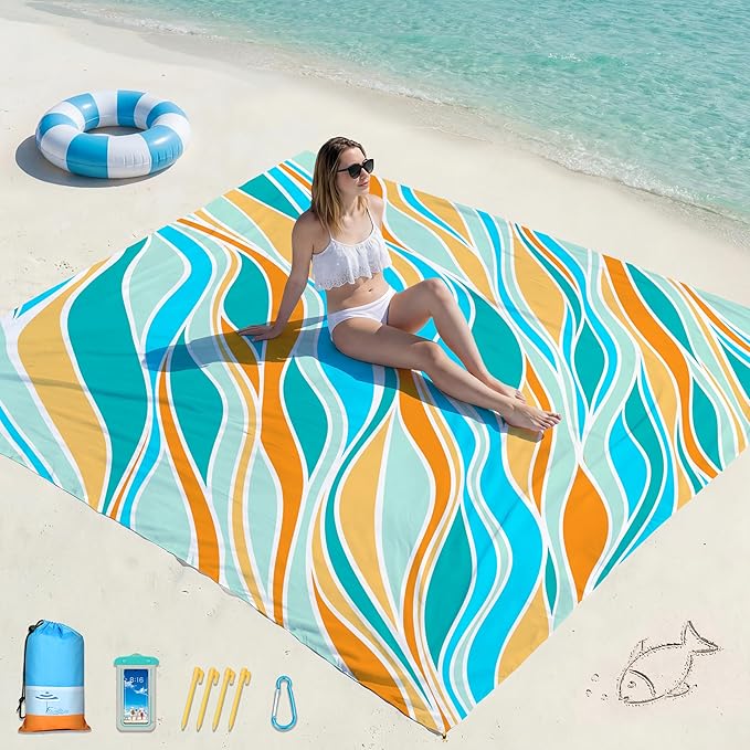 Famstar Beach Blanket Oversized Extra Large 78" X 81",Waterproof Sandproof Beach Blanket 1-7 Adults Lightweight Durable for Travel Camping Hiking Picnic