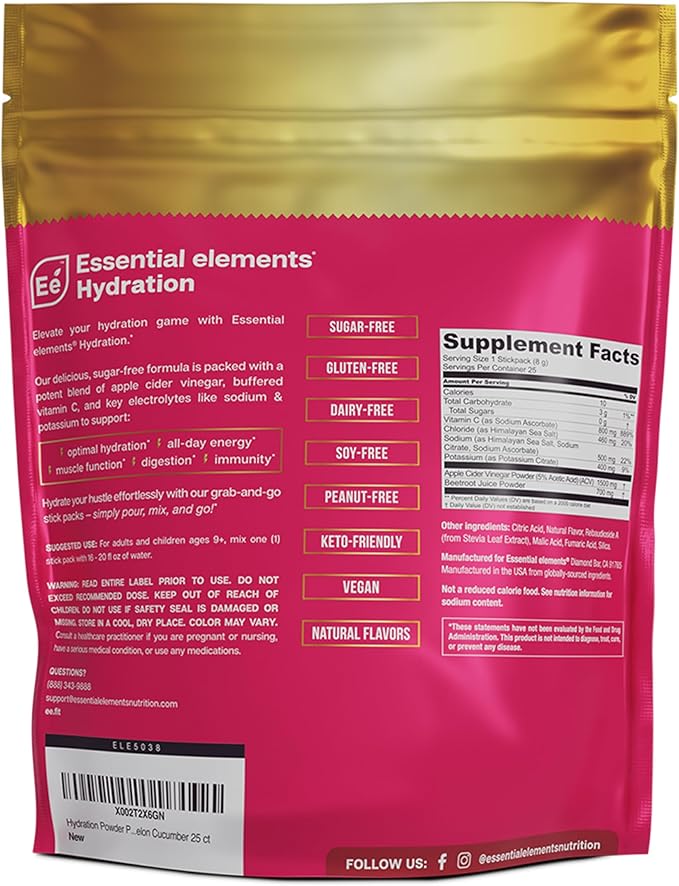 Essential Elements Hydration Packets - Watermelon Cucumber - Electrolytes Powder No Sugar - Electrolyte Drink Mix - Superior Hydration with ACV & Vitamin C - 50 Stick Packs