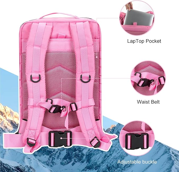 Hannibal Tactical MOLLE Assault Backpack, Tactical Backpack Military Army Camping Rucksack, 3-Day Pack Trip w/USA Flag Patch, D-Rings, Pink