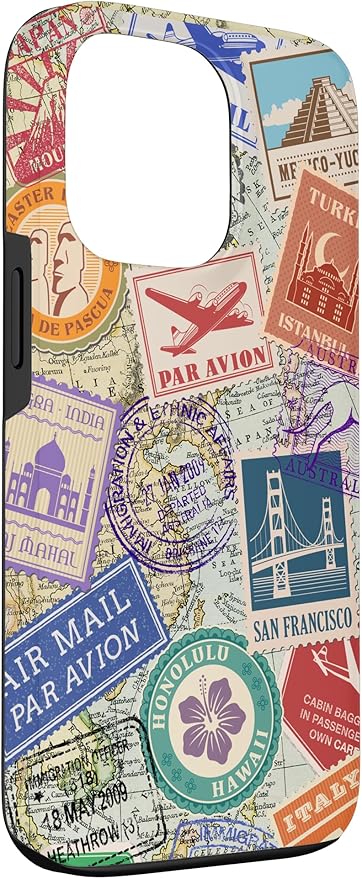 World Map Travel Passport Stamps Postage Stamp Case for iPhone 13 Pro