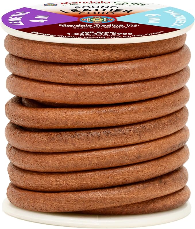 Mandala Crafts Round Cowhide Genuine Rust Leather Cord for Jewelry Making Kumihimo Leather Rope Spool - Rust 4.4 Yds 6mm Cording