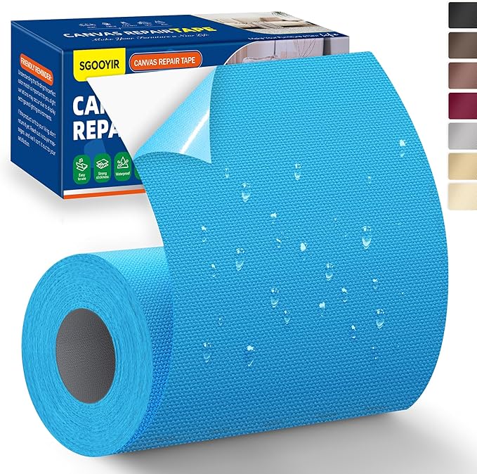 Self-Adhesive Canvas Repair Tape, 4" x 80" Waterproof Canvas Repair Patch, Fabric Patch Repairs Kit for Furniture, Tents, Sunbrellas, Boat Covers Awnings, Couches, Clothes, Bags Blue