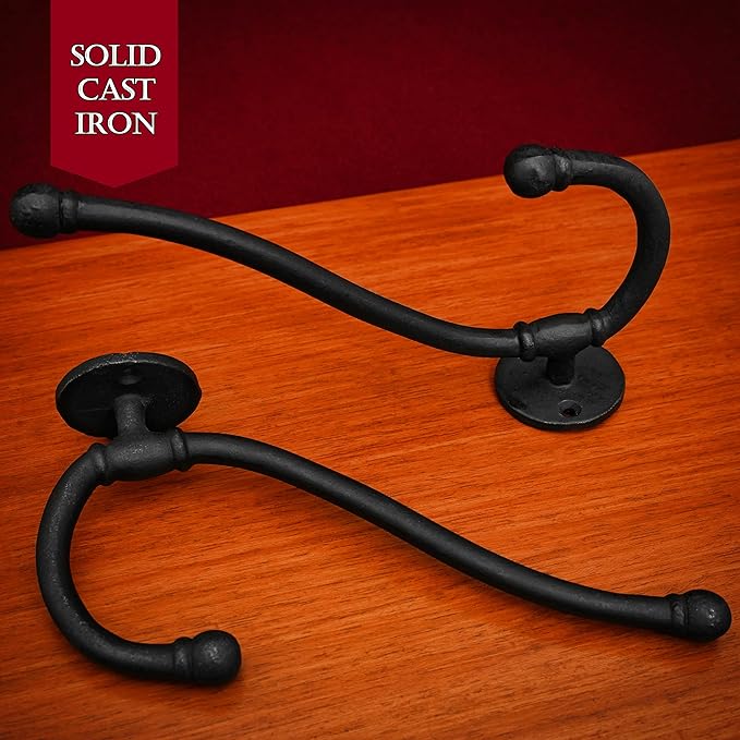 Mystic Colonial Rustic Cast Iron Wall Hooks, Heavy Duty Retro Utility Hanger, Multi Purpose Wall Mount Hooks for Hanging Coat, Bag, Towel, Robe, Hat, Pack of 2-8"" x 1.5"""