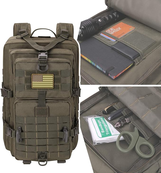 Hannibal Tactical MOLLE Assault Backpack, Tactical Backpack Military Army Camping Rucksack, 3-Day Pack Trip w/USA Flag Patch, D-Rings, Olive