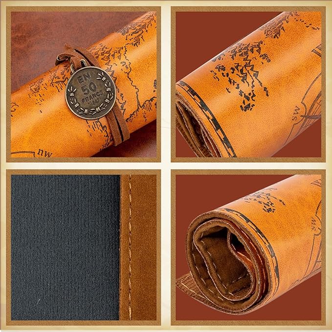 4 Pieces Leather Pencil Case, Creative Map Rollup Pencil Bag, Vintage Makeup Brush Pouch, Brown PU Matte Smooth Cover Storage Pouch Holder Organizer