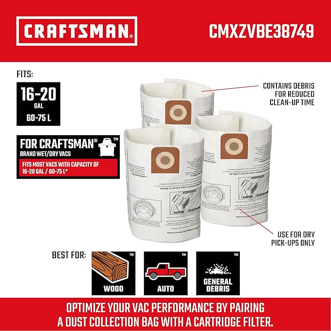 CRAFTSMAN CMXZVBE38749 Genuine General Purpose Wet Dry Vac Dust Collection Bags for Most 16 and 20 Gallon CRAFTSMAN Shop Vacuums, Collects Dry Only Debris, Reduces Cleanup Time, 3-Pack