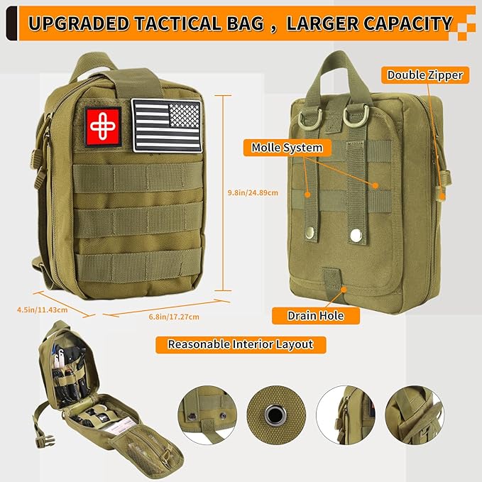Survival Kit, Gifts for Men Women Teen Boys, 252 pcs Survival Gear and Equipment Mini First Aid Kit for Car Home, Emergency Kit with Molle System for Earthquake, Outdoor Adventure, Car Travel