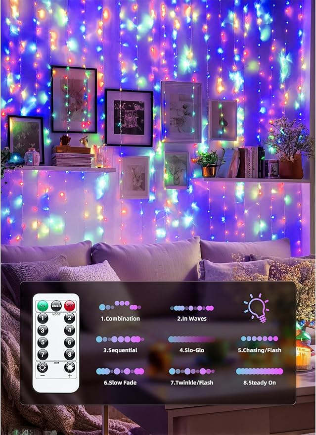 Brightown 300 LED Fairy Curtain Lights, Curtain String Lights, USB Plug in 8 Lighting Modes Christmas Decoration, Hanging Lights with Remote for Bedroom Indoor Weddings Dorm Multicolor 1 Pack