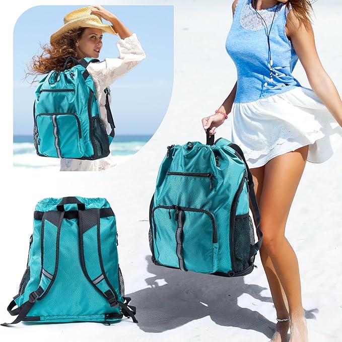 Large Beach Backpack Waterproof Sandproof - Customized Oversized Drawstring Pool Bag with Shoe Compartment for Toiletries, Towels, Gym, Travel