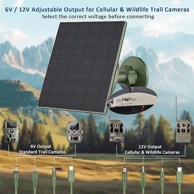 Zivif Solar Panel for Trail Camera, 5W Solar Charger Built-in 5200mAh Rechargeable Battery, Solar Charger 6V/12V Adjustable Output, USB-C & DC Plugs IP66 Waterproof, 360° Adjustable Mount