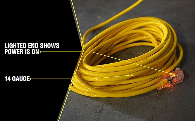 Southwire Yellow Jacket Heavy Duty Extension Cord - Outdoor Power for Tools & Equipment - Lighted End with SJTW Jacket & Three Prong Plug - 25 Foot