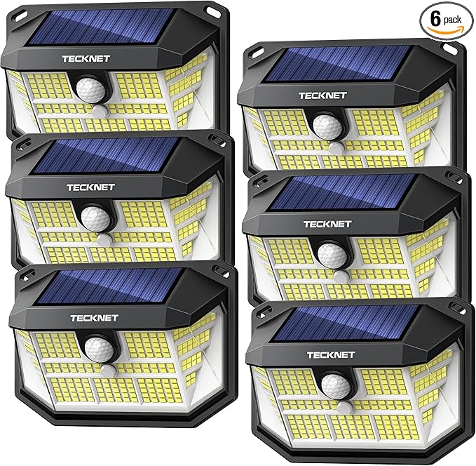 TECKNET 231 LED Solar Motion Lights Outdoor Waterproof, 6 Pack 300° Angle & 3 Lighting Modes PIR Motion Sensor Security Solar Wall Lights IP65 for Fence Front Door Yard Deck Garden Garage