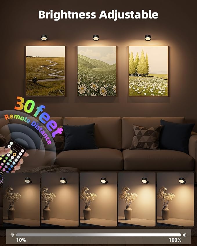 Wall Mounted Lights, 2 Pack Rechargeable RGB Color Changing Light, 3 Color Temps & Remote and Touch, 360° Rotation Dimmable Cordless for Study Bedroom Reading Bedside (Black)