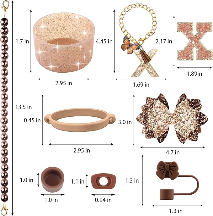 9PCS Brown for Stanley Cup Accessories Set Bling Initials Bow Charms for Stanley Decorations 30/40 Oz Tumbler Accessories Including Bow Straw Topper, Handle Strap, Spill Stopper（Letter X）