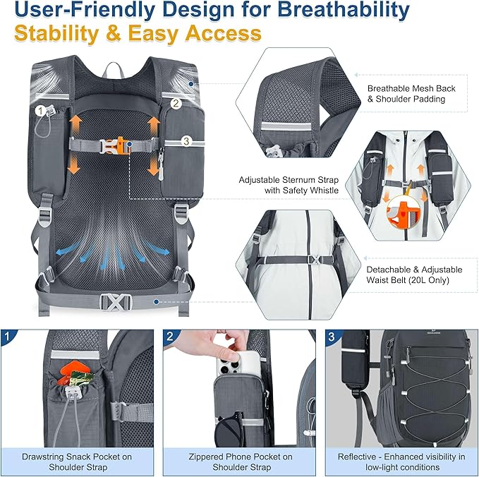 BECOJADDE Hiking Backpack 20L Small Backpack Packable Day pack Water Resistant Lightweight Travel Backpack for Women Men with Shoulder Strap Pockets for Hiking Camping Outdoor, Grey