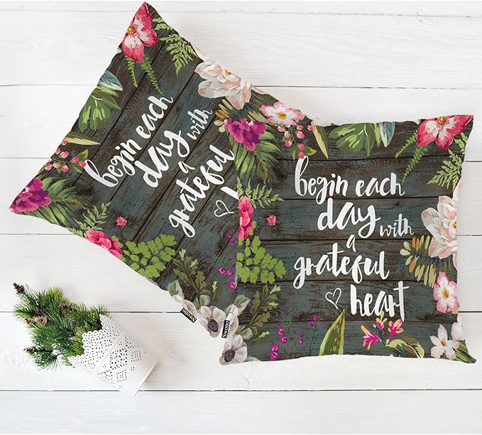 Swono Funny Quote 2Pcs Throw Pillow Covers for Men Women, Begin Each Day with Grateful Heart Bedding Pillowcase 18 X 18 Inch, Flowers Wood Decorative Pillow Cushion Cover for Couch Sofa Bed Home