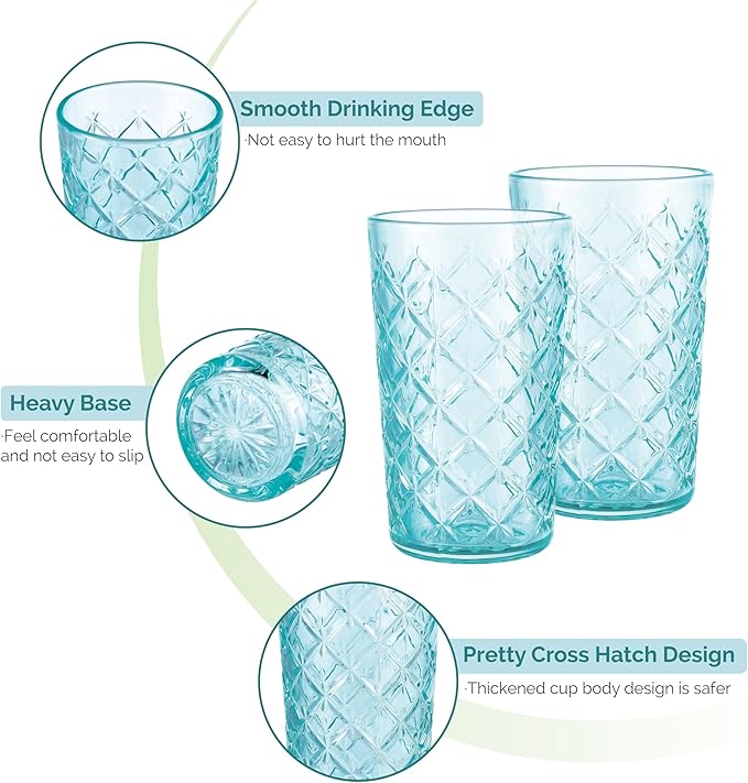 CREATIVELAND Drinking Highball Glasses Set of 4, Vintage Cross Hatch Glass Cups, 15.5oz Tall Drinking Water Glasses, Dishwasher Safe Blue Glass Tumbler Glassware for Water, Juice, Cocktail, Coffee