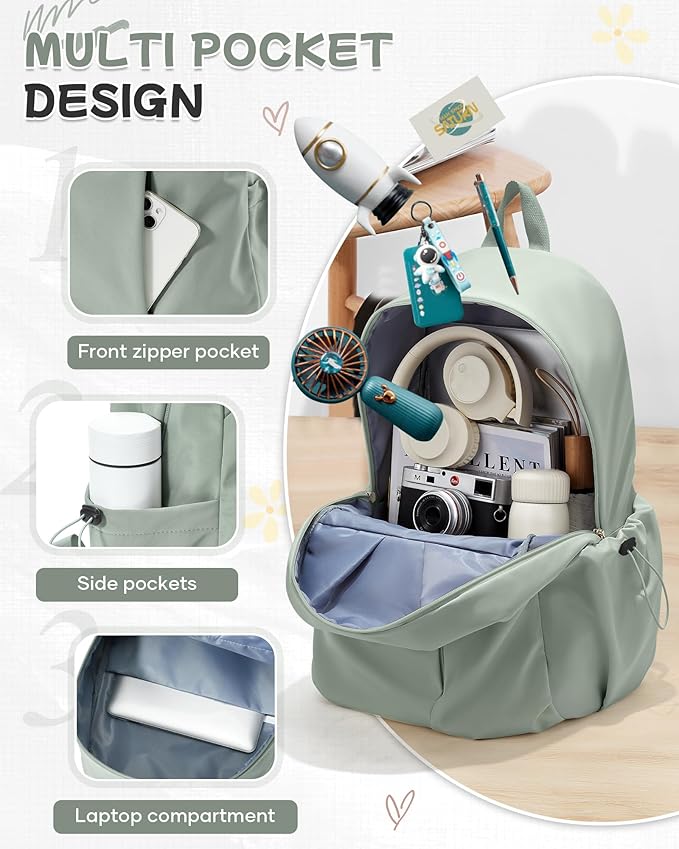 SEAFEW Green Backpack for Girls Women Waterproof High School Book Bag Cute Backpack for Men Teens Boys, Lightweight Simple Middle School Back Pack Daypack