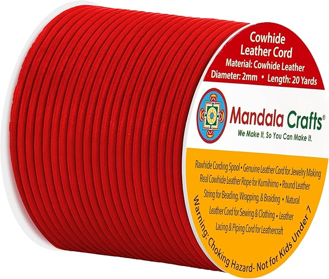 Mandala Crafts Round Cowhide Genuine Red Leather Cord for Jewelry Making Kumihimo Leather Rope Spool - Red String Lace - 20 Yds 2mm Cording