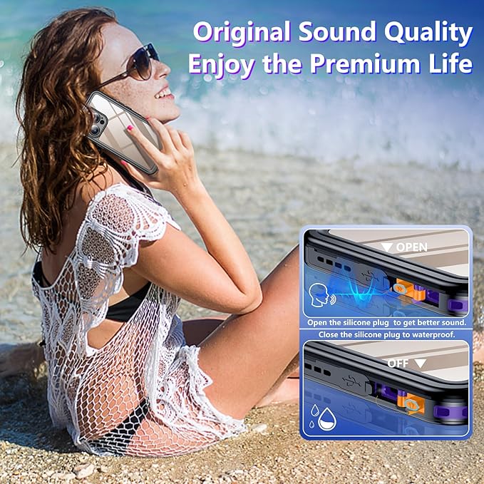 Temdan Compatible with iPhone 16 Pro Max Case Waterproof, Built-in Screen & Camera Protector IP68 Underwater Full Body 16FT Military Dropproof Shockproof Phone Case 6.9"-Purple/Clear