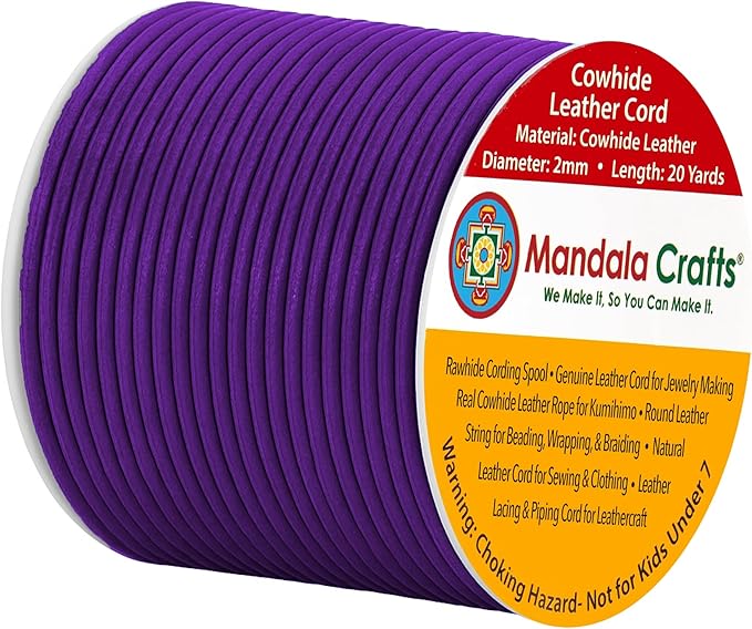 Mandala Crafts Round Genuine Purple Leather Cord for Jewelry Making – 2mm Cowhide Leather Rope String Lace for Kumihimo – 20 Yards Cowhide Craft Cording Spool