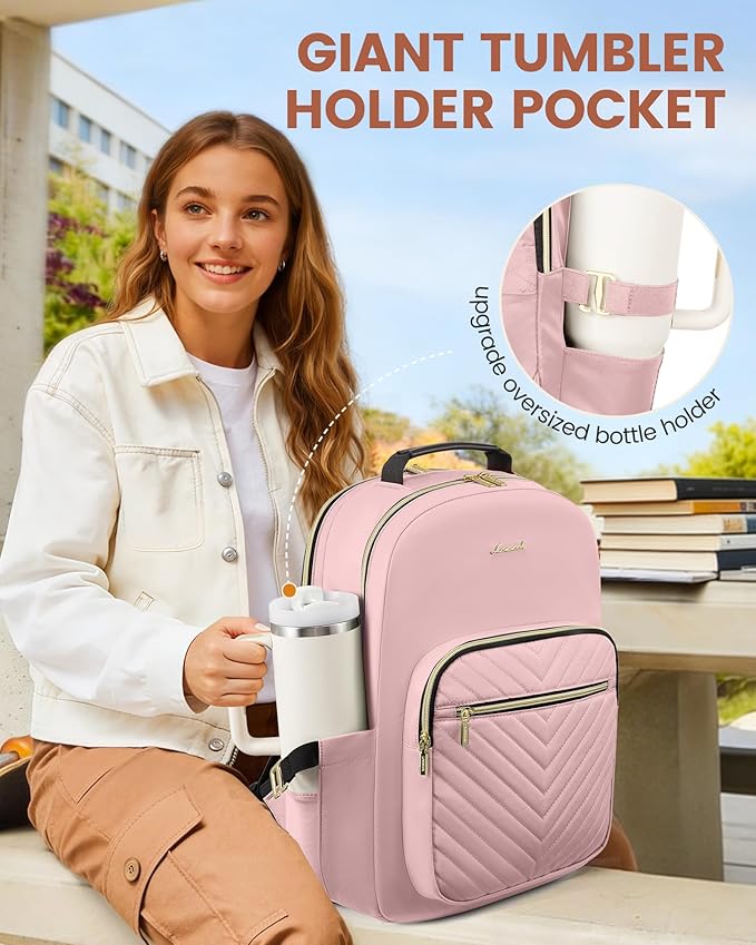LOVEVOOK Laptop Backpack for Women with Giant Tumbler Holder 17.3 inch,Designer Travel Backpack Laptop Bag College Backpack,Quilted Work Nurse Teacher Backpack Purse Computer Bag Casual Daypack, Pink