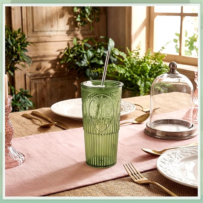8 Set 20oz Vintage Plastic Tumbler with Lids and Straws Ribbed Floral Drinking Glasses Reusable Iced Coffee Cups for Water Juice Smoothie Cocktail Travel Party Events Gift (Green)