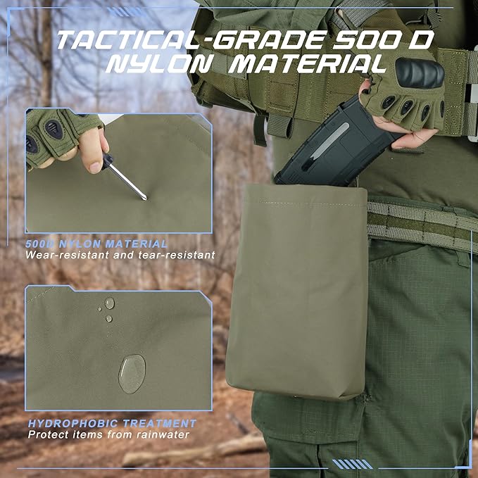 Tactical Dump Pouch for Battle Belt & MOLLE Systems | Foldable Mag Pouch with Drawstring Closure | for Hunting, Duty, Paintball | Includes Flag Patch